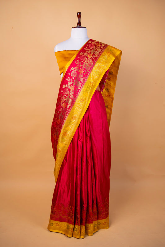 Banarasi Rani Pink Mashru Silk Saree with Floral Woven Pallu & Golden Zari Border
