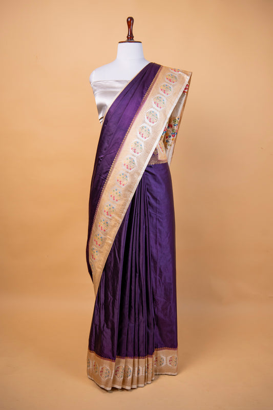 Banarasi Royal Purple Mashru Silk Saree with Meenakari Floral Border