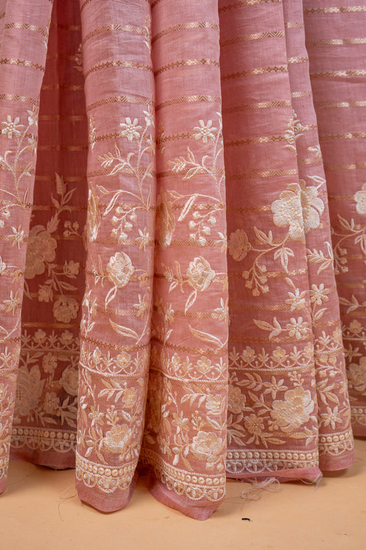 Banarasi Blush Pink Mulmul Cotton Silk Saree with White Floral Embroidery