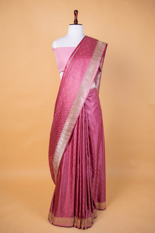 Banarasi Dark copper Pink Mashru Silk Saree with Silver Zari Floral Weaving