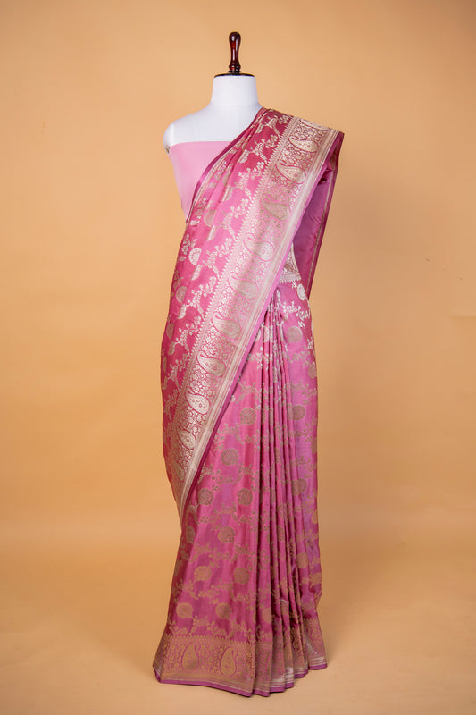Banarasi Pink Mashru Silk Saree with Traditional Banarasi Floral Zari Weaving