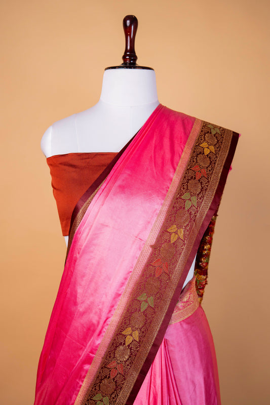 Banarasi Radiant Pink Mashru Silk Saree with Antique Gold Floral Border