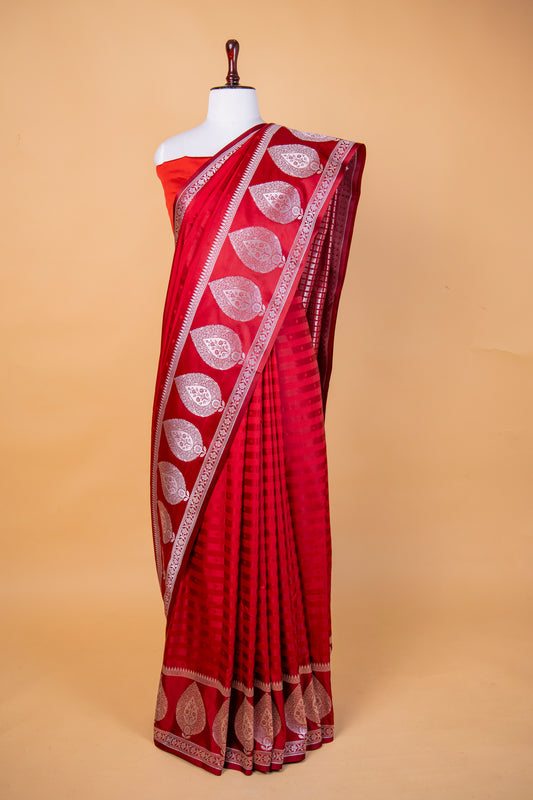 Banarasi Royal Red Mashru Silk Saree with Silver Paisley Border