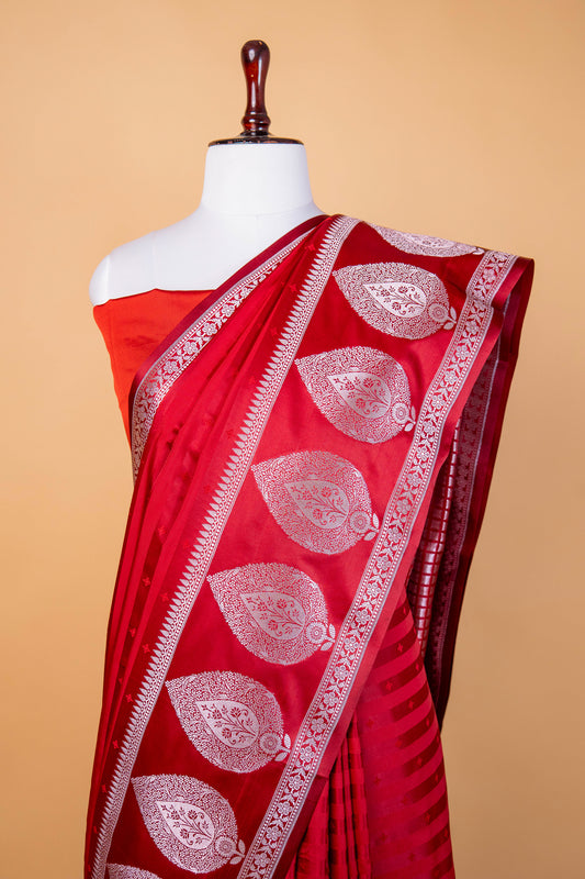 Banarasi Royal Red Mashru Silk Saree with Silver Paisley Border