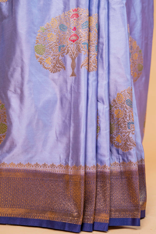 Banarasi Sky Blue Mashru Silk Saree with Meena Tree Motifs & Zari Border