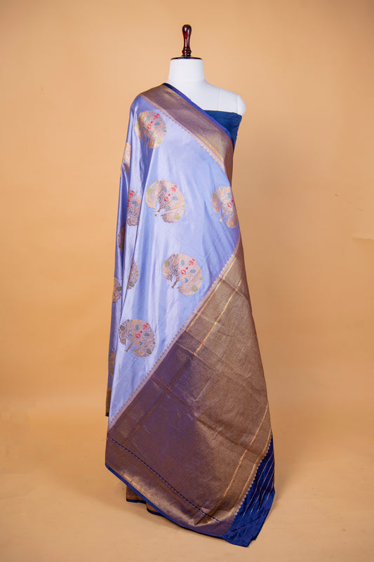 Banarasi Sky Blue Mashru Silk Saree with Meena Tree Motifs & Zari Border