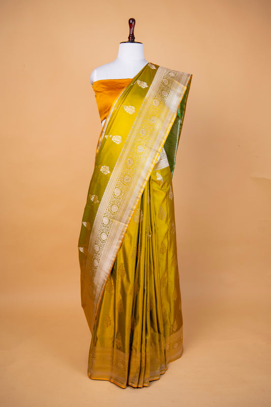 Banarasi Royal Mustard Mashru Silk Saree with Silver Zari Floral Buttas