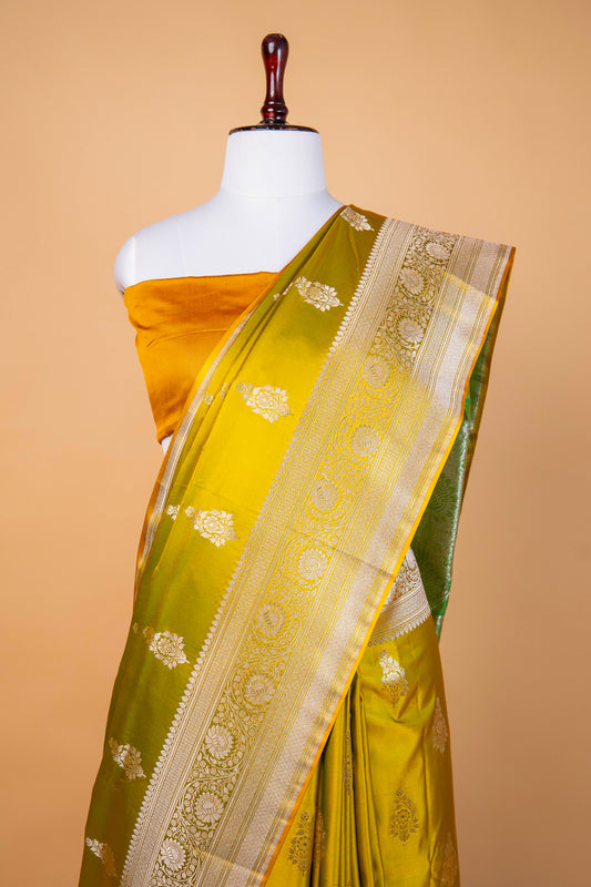 Banarasi Royal Mustard Mashru Silk Saree with Silver Zari Floral Buttas