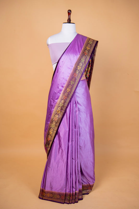 Banarasi Radiant Lavender Mashru Silk Saree with Antique Purple Floral Border