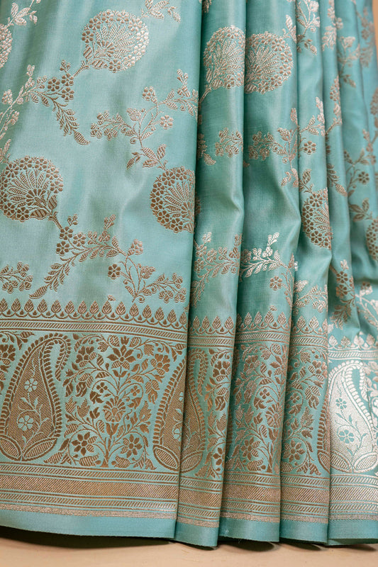 Banarasi Aqua Green Pure Banarasi Mashru Silk Saree with Silver Zari Work