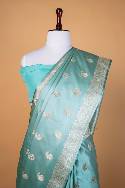 Banarasi Aqua Green Pure Banarasi Mashru Silk Saree with Woven Buttis and Contrast Pallu