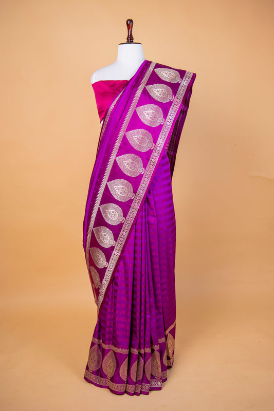 Banarasi Royal Purple Mashru Silk Saree with Silver Paisley Border