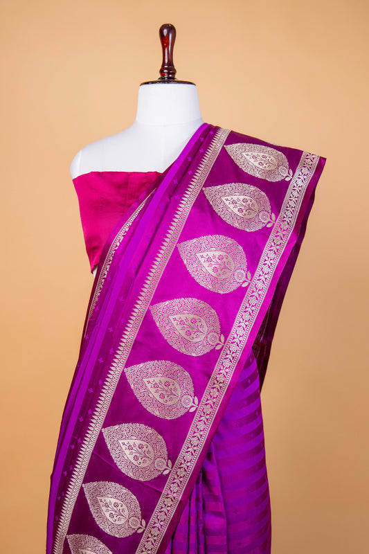 Banarasi Royal Purple Mashru Silk Saree with Silver Paisley Border