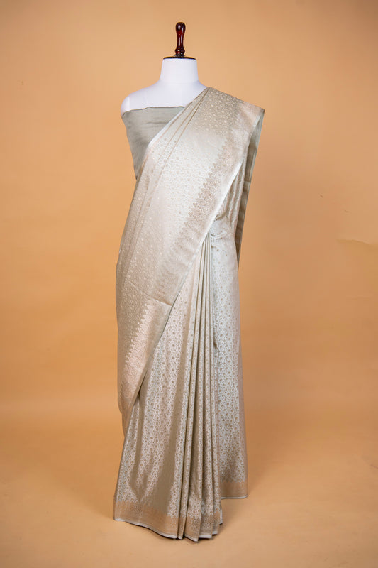 Banarasi Creem Mashru Silk Saree with Silver Zari Floral Weave
