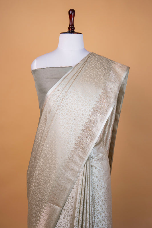 Banarasi Creem Mashru Silk Saree with Silver Zari Floral Weave