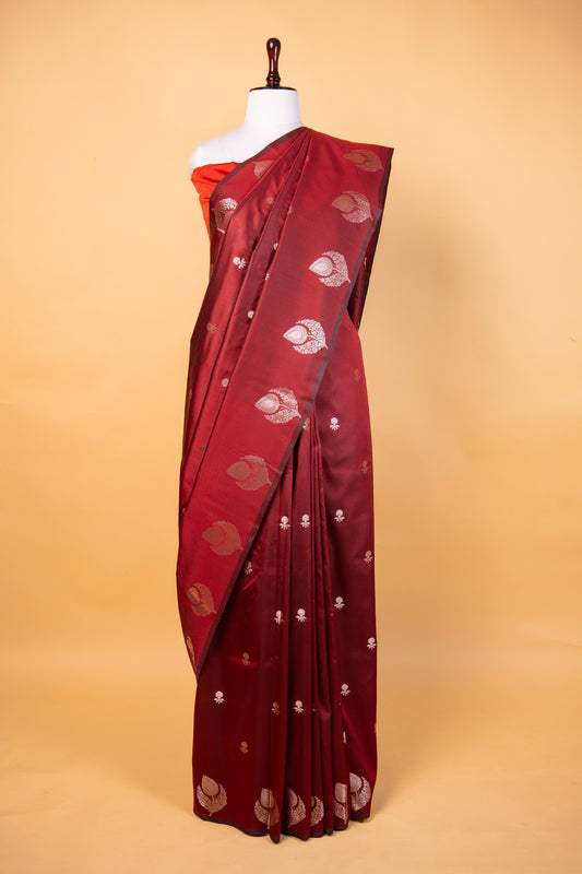 Banarasi Red Paper Silk Saree with Golden Floral Zari Work