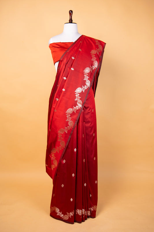Banarasi Elegant Dusty Red Paper Silk Saree with Floral Embroidered Border