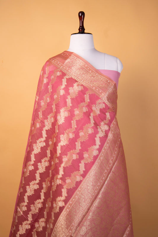 Banarasi Blush Pink Pure Cotton Silk Saree with Silver Zari Floral Weaves