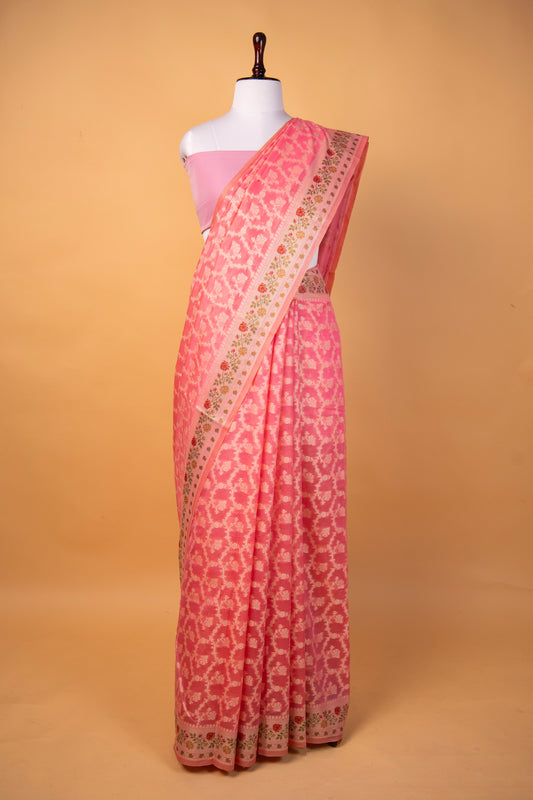 Banarasi Candy Pink Pure Cotton Silk Saree with Floral Border & Silver Zari Jaal Weaving