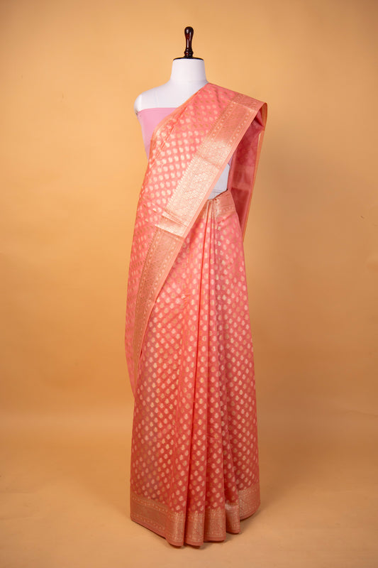 Banarasi Blush Pink Pure Cotton Silk Saree with Silver Zari Floral Weaves