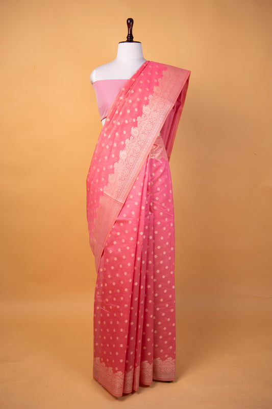 Banarasi Blush Pink Pure Cotton Silk Saree with Silver Zari Floral Weaves