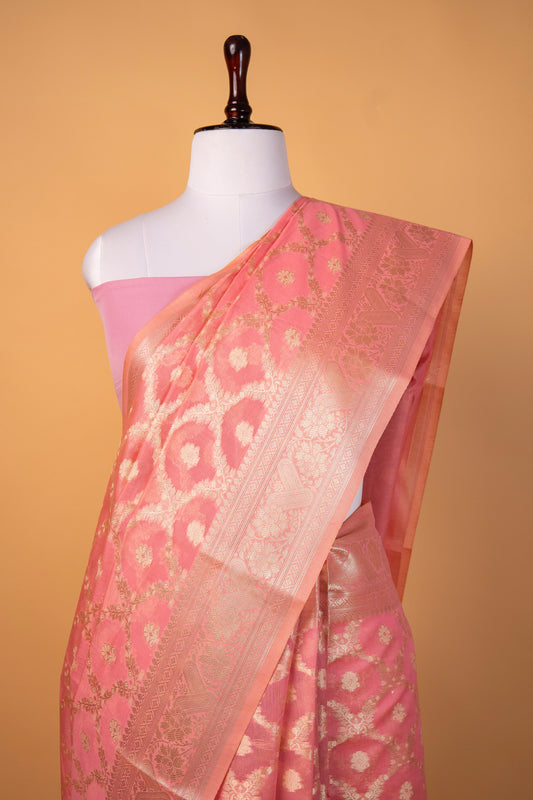 Banarasi Blush Pink Pure Cotton Silk Saree with Silver Zari Floral Weaves
