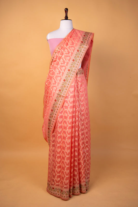 Banarasi Candy Pink Pure Cotton Silk Saree with Floral Border & Silver Zari Jaal Weaving