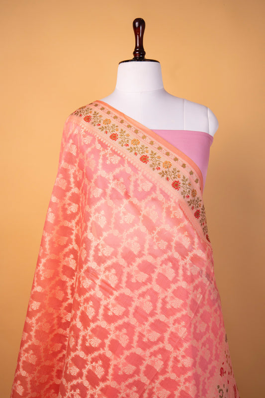 Banarasi Candy Pink Pure Cotton Silk Saree with Floral Border & Silver Zari Jaal Weaving