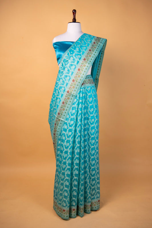 Banarasi Candy Sky Blue Pure Cotton Silk Saree with Floral Border & Silver Zari Jaal Weaving