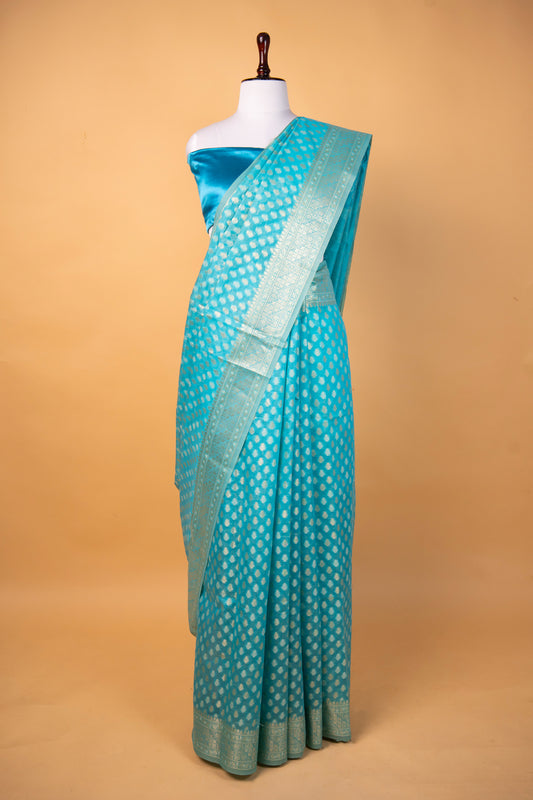 Banarasi Sky Blue Pure Cotton Silk Saree with Silver Zari Floral Weaves