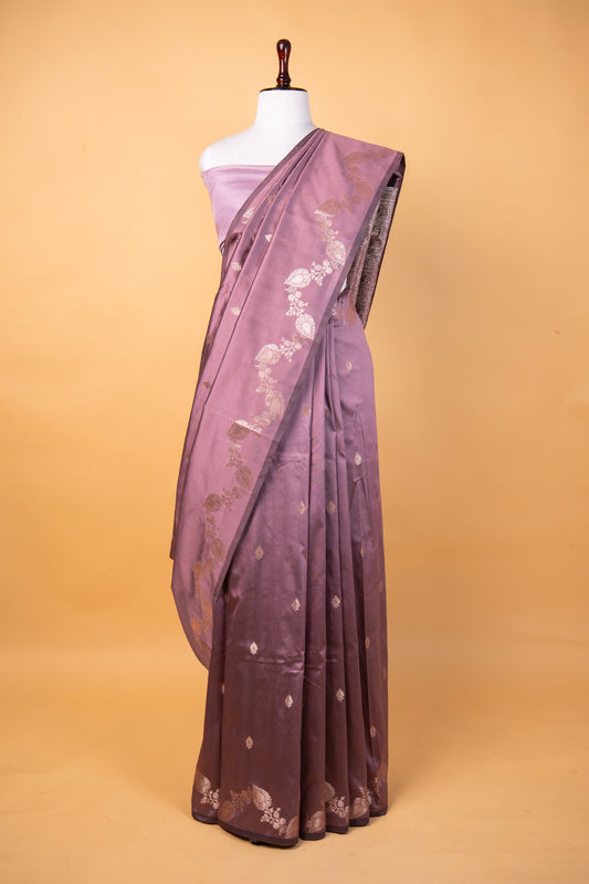 Banarasi Elegant Dusty Rose Paper Silk Saree with Floral Embroidered Border