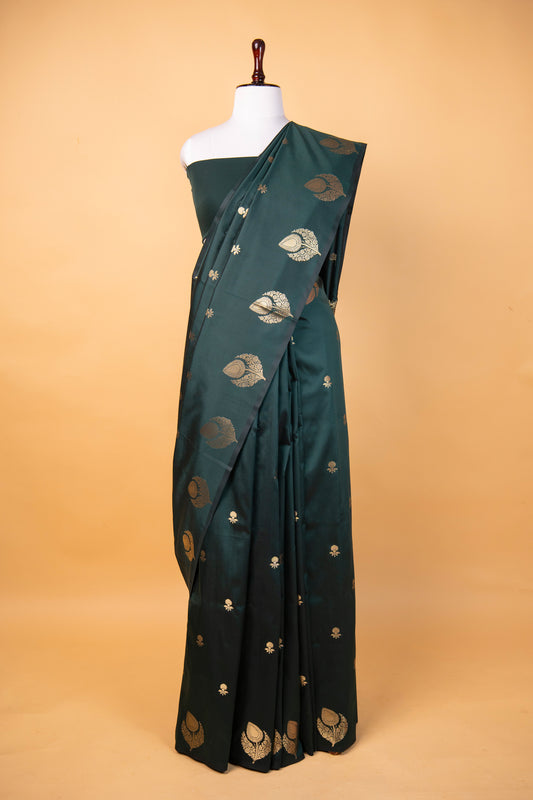 Banarasi Dark Green Paper Silk Saree with Golden Floral Zari Work