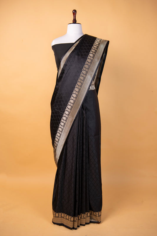 Banarasi Deep Black Pure Banarasi Mashru Silk Saree with Silver Zari Border