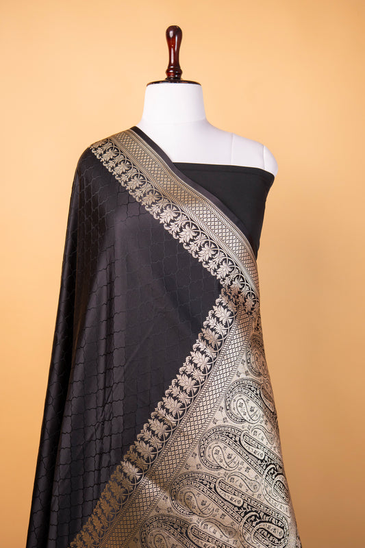 Banarasi Deep Black Pure Banarasi Mashru Silk Saree with Silver Zari Border