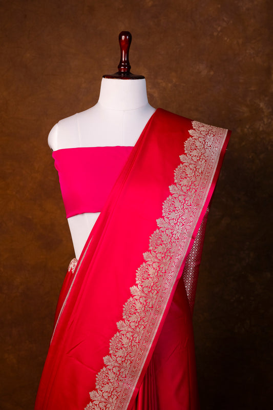 Royal Rani Pink Pure Banarasi Mashru Silk Saree with Rich Zari Border