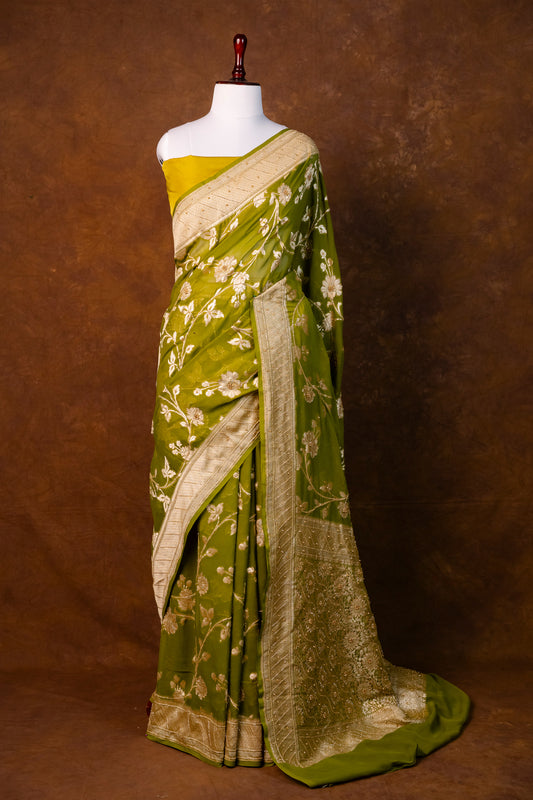 Luxury Olive Green Pure Khaddi Silk Saree with Handwork Floral Work