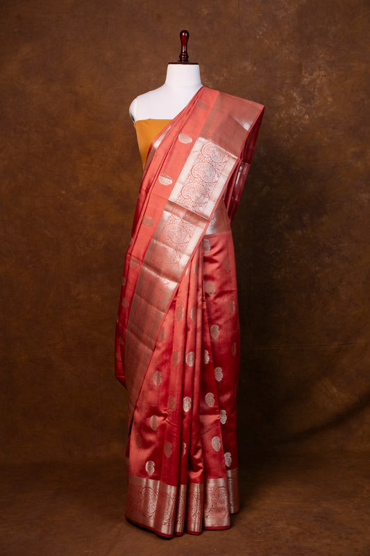 Elegant Coral Red Chiniya Silk Silk Saree with Silver Zari Motifs ! Chiniya Silk !