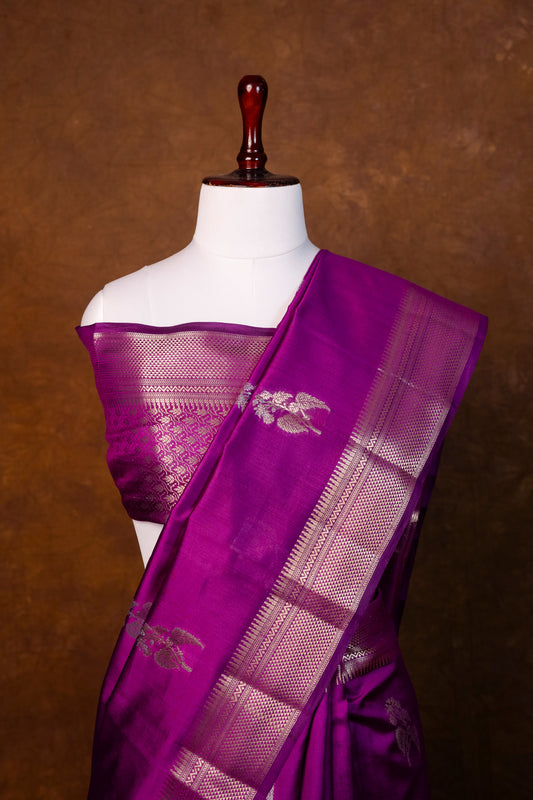 Elegant Royal Purple pure Chiniya Silk Saree with Silver Zari Motifs ! Chiniya Silk !