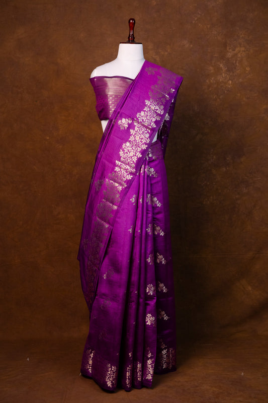 Elegant Royal Purple Pune Silk Saree with Silver Zari Motifs ! Pure Puna Silk !