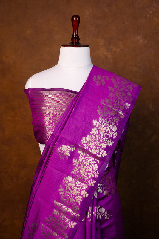 Elegant Royal Purple Pune Silk Saree with Silver Zari Motifs ! Pure Puna Silk !