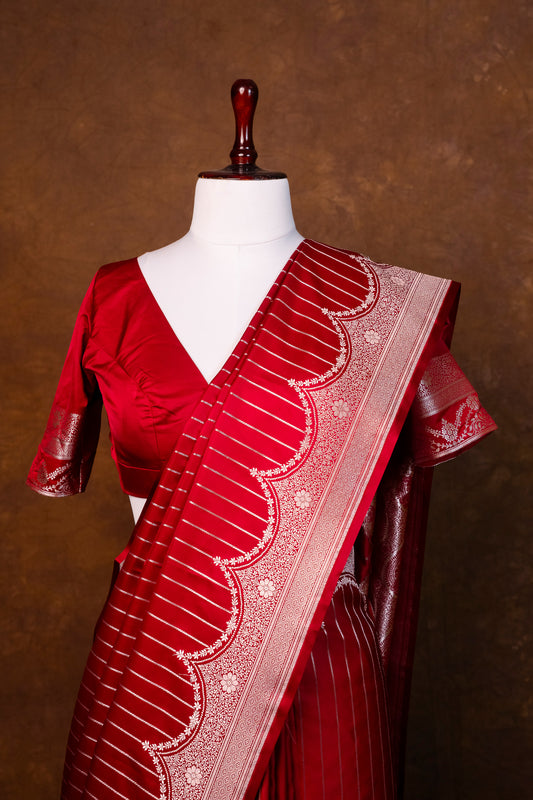Elegant Crimson Red Pure Banarasi Mashru Silk Saree with Zari Border