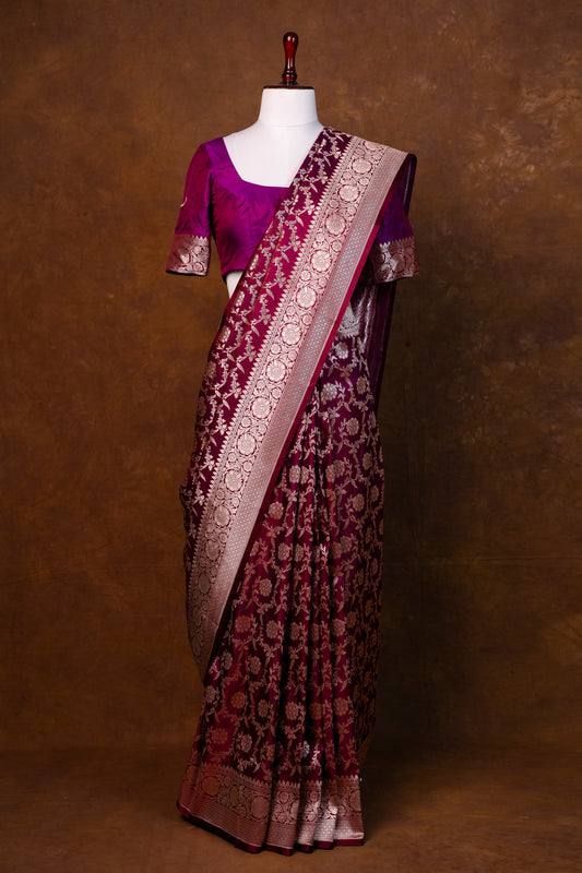 Wine Purple Pure Banarasi Mashru Silk Saree with Rich Zari Weaving