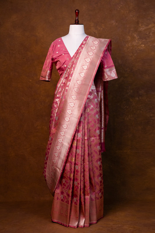 Rose Pink Kela Silk Saree with Traditional Woven Border
