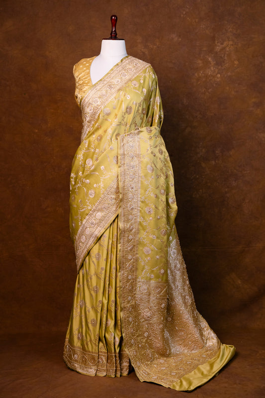 Olive Green Colore Saree Hand-Embroidered Silk Saree with Intricate Border