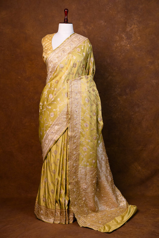 Olive Green Colore Saree Hand-Embroidered Silk Saree with Intricate Border