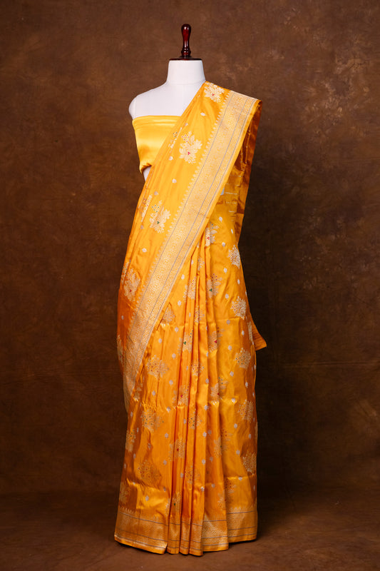 Mustard Yellow Kadwa Katan Silk Saree – Handwoven Banarasi Elegance ! HANDLOOM !