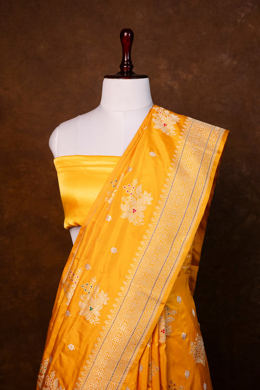 Mustard Yellow Kadwa Katan Silk Saree – Handwoven Banarasi Elegance ! HANDLOOM !