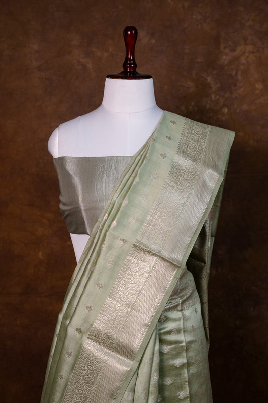 Pastel Green Chiniya Silk Saree with Woven Zari Border