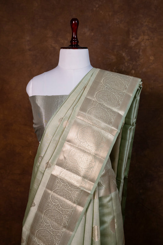 Sage Green Chiniya Silk Saree with Zari Buti & Rich Border ! Pista Green pure Chiniya Silk !