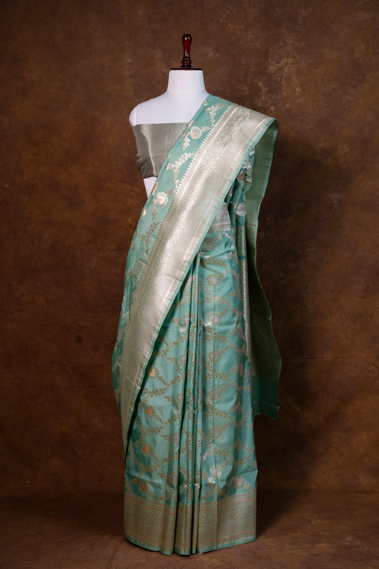 Sea Green Kela Silk Saree with Floral Zari Weaving
